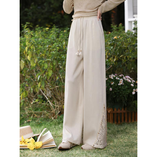 鹿向南「砾沙祝白」杏色宽松阔腿休闲裤女春季高腰设计感长款裤子 商品图0