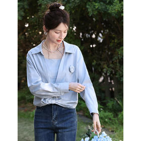 鹿向南「崧蓝之境」蓝色长袖衬衫春季新款法式百搭显瘦开衫上衣女