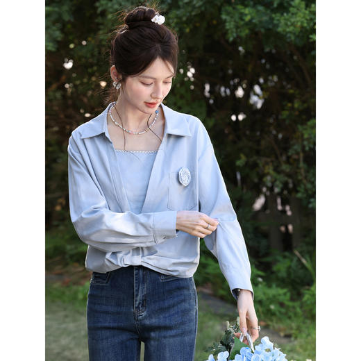 鹿向南「崧蓝之境」蓝色长袖衬衫春季新款法式百搭显瘦开衫上衣女 商品图0