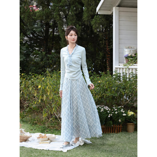 鹿向南「蓝雾糖霜」蓝色长袖T恤女春新款高级法式收腰设计感上衣 商品图1