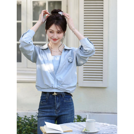 鹿向南「崧蓝之境」蓝色长袖衬衫春季新款法式百搭显瘦开衫上衣女 商品图3