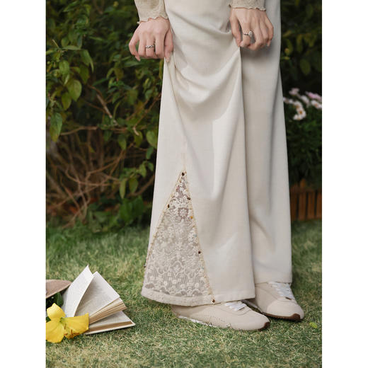 鹿向南「砾沙祝白」杏色宽松阔腿休闲裤女春季高腰设计感长款裤子 商品图2