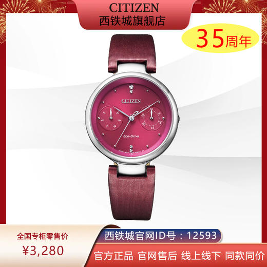 西铁城官方正品不锈钢表壳缎绣皮表带日期星期指示光动能女表 FD1100-10X 商品图0