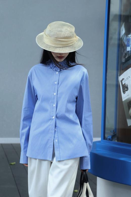 春日清新蓝白条Miu感木耳花边衬衫 商品图8