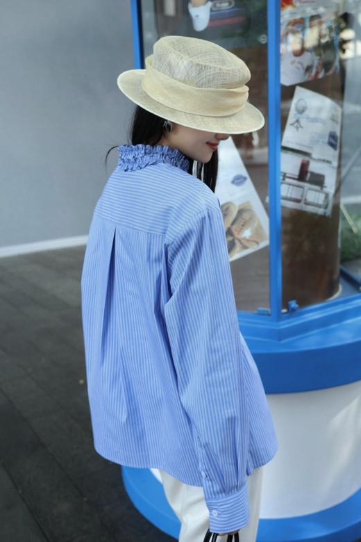春日清新蓝白条Miu感木耳花边衬衫 商品图7