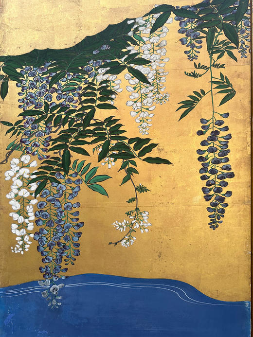 独角鹿西洋古董18世纪日本江户时代出品「金影藤辉」主题金地纸本设色六曲屏风 商品图4