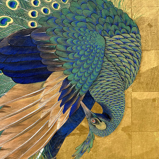 独角鹿西洋古董18世纪日本江户时代出品「雀羽呈祥」主题金地纸本设色六曲屏风 商品图6