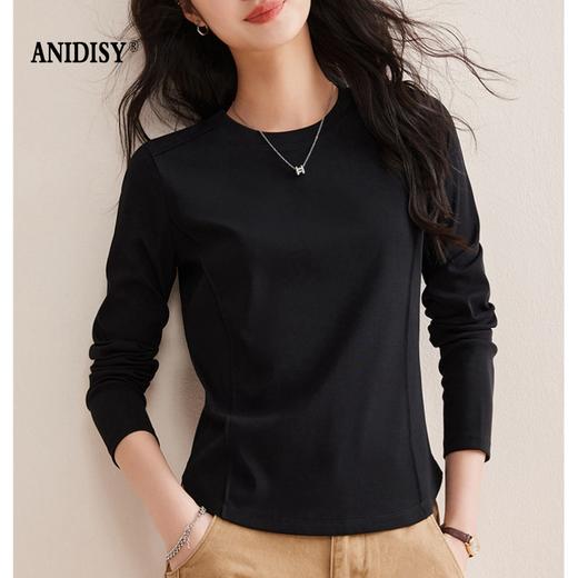 时尚圆领长袖鱼骨分割圆弧下摆T恤 商品图3