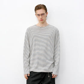 714street原生棉籽壳条纹长袖 2026春季合身正肩圆领T恤男女同款