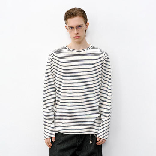714street原生棉籽壳条纹长袖 2026春季合身正肩圆领T恤男女同款 商品图0