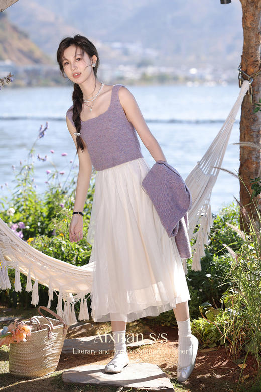 鹿向南「淡写青春」紫色吊带背心春夏新款气质修身显瘦打底上衣女 商品图5