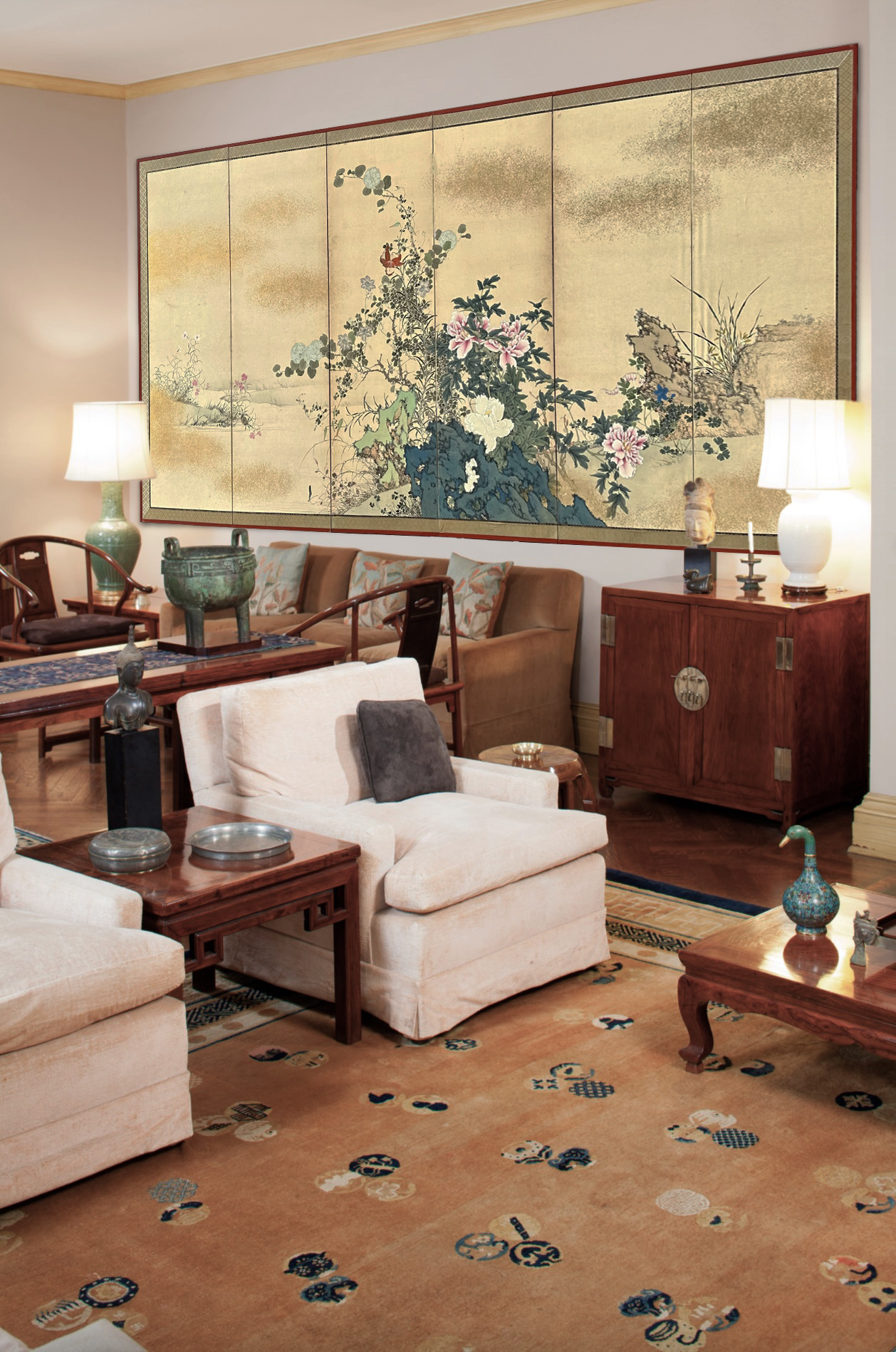 独角鹿西洋古董20世纪日本昭和时代艺术家签名出品「锦绣芳华」主题纸本设色六曲屏风