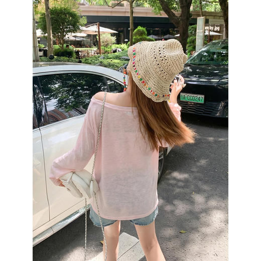 <曾小咸推荐>甜美风斜肩印花长袖t恤罩衫【预售3-15天发货】 商品图4