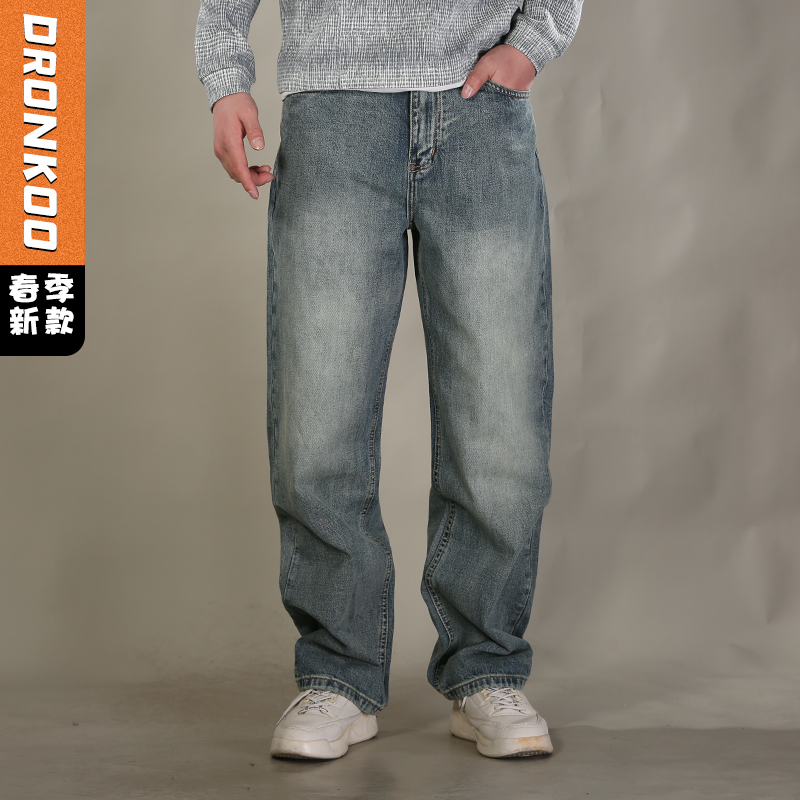 DRONKOO 2026 正常腰表袋右后袋贴标绣线复古洗水中厚牛仔长裤