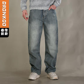 DRONKOO 2026 正常腰表袋右后袋贴标绣线复古洗水中厚牛仔长裤