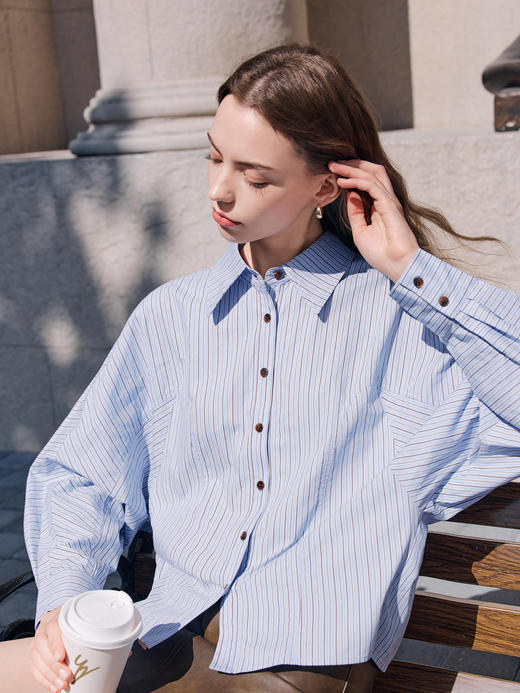 【百图lulu定制】【松弛感条纹衬衫】全棉  清爽 蓝色 条纹 腔调 蝙蝠衫 长袖衬衫 商品图1