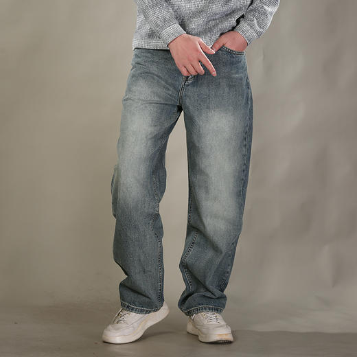 DRONKOO 2026 正常腰表袋右后袋贴标绣线复古洗水中厚牛仔长裤 商品图1