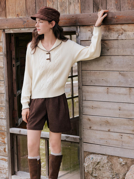 【百图lulu定制】【牛角扣针织衫】百图 撞色锁边   翻领牛角扣毛衣 商品图7