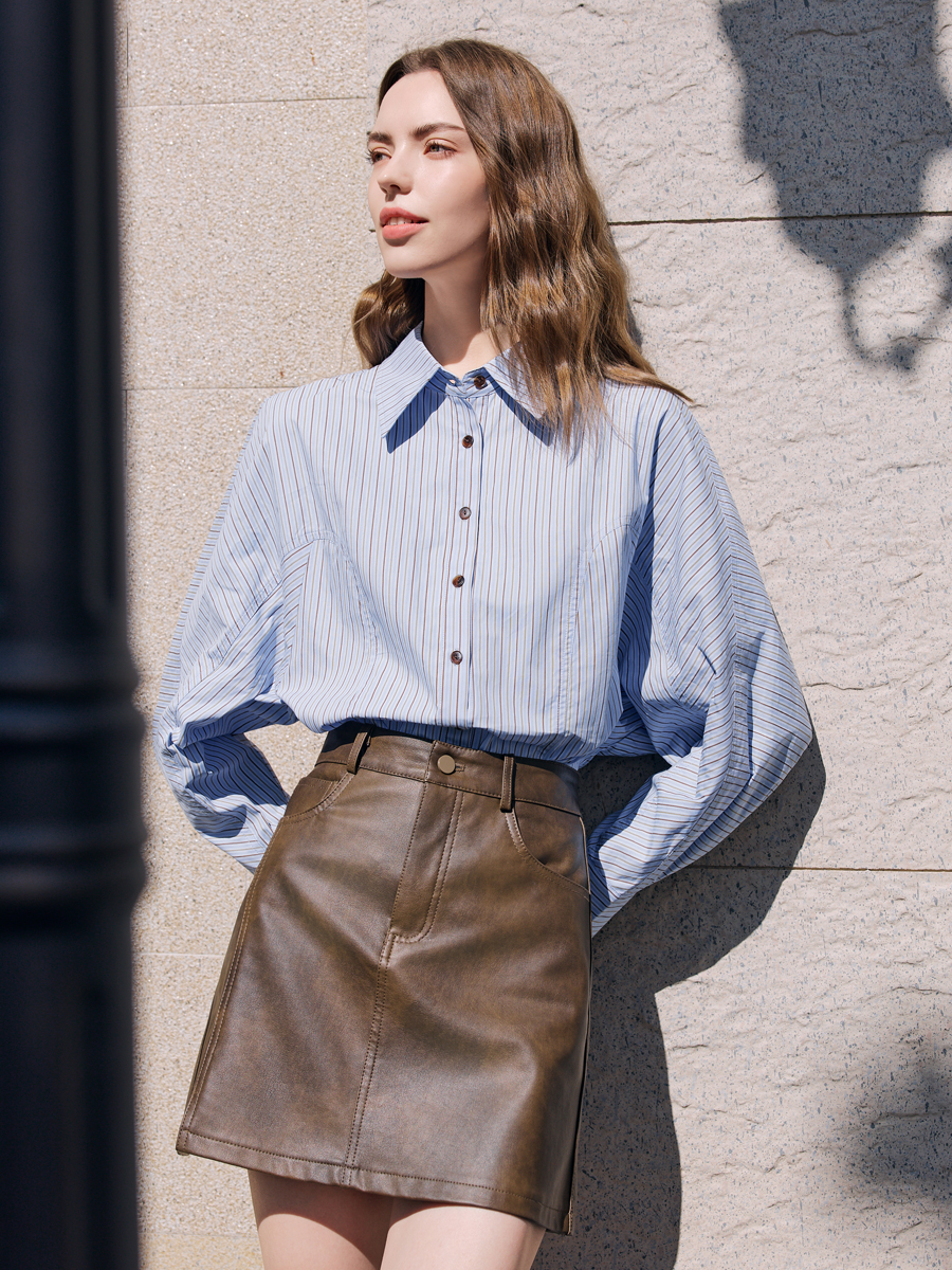 【百图lulu定制】【松弛感条纹衬衫】全棉  清爽 蓝色 条纹 腔调 蝙蝠衫 长袖衬衫