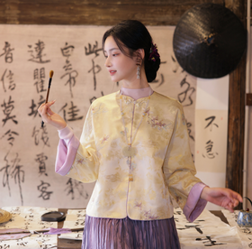 逸红颜明月优选#古典刺绣新中式外套【棠曲】温柔花卉扇子刺绣，古朴新中式连肩袖