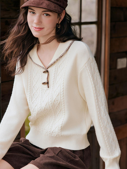 【百图lulu定制】【牛角扣针织衫】百图 撞色锁边   翻领牛角扣毛衣 商品图0