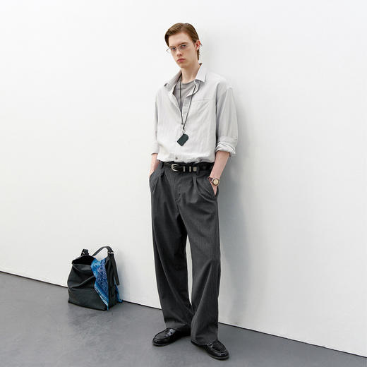 714street宽松双褶深灰条纹休闲西裤男2026春夏垂坠感老钱风裤子 商品图3