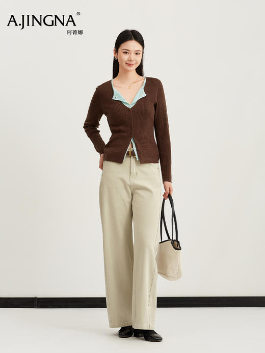 【开衫假两件】阿菁娜春季新款春秋新款慵懒感开衫假两件撞色V领设计细密坑条拉长身型F31C318005 商品图2