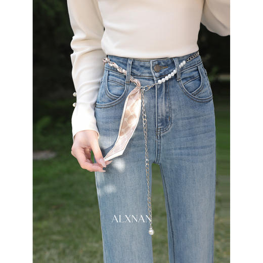 鹿向南「浅蓝浣纱」蓝色直筒牛仔裤春季款紧身高腰时尚微喇长裤女 商品图3