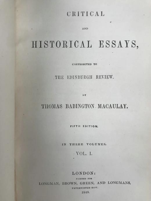 1848年 麦考莱勋爵《评论与历史随笔集》（全3卷） 全真皮精装大32开 商品图3