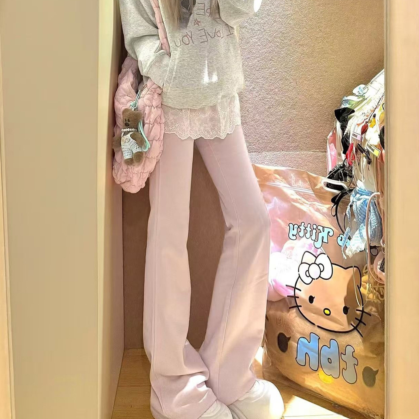 粉色喇叭裤女新款高腰休闲加绒卫裤小个子微喇瑜伽运动裤