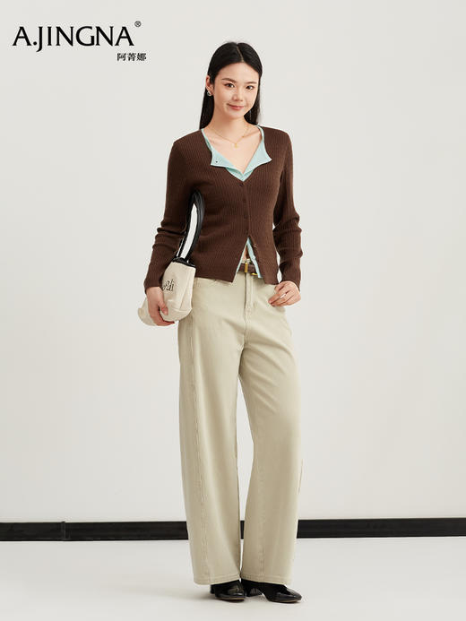 【开衫假两件】阿菁娜春季新款春秋新款慵懒感开衫假两件撞色V领设计细密坑条拉长身型F31C318005 商品图1