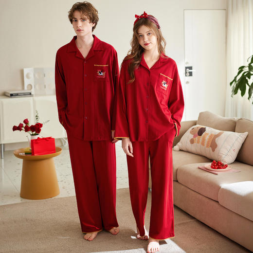 【品牌直发 换季焕新】芬腾情侣睡衣春秋季纯棉长袖套装红色本命年结婚喜庆男女士家居服 商品图4