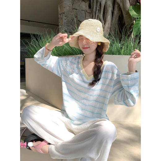 <曾小咸推荐>宽松防晒长袖t恤条纹上衣【预售3-15天发货】 商品图3