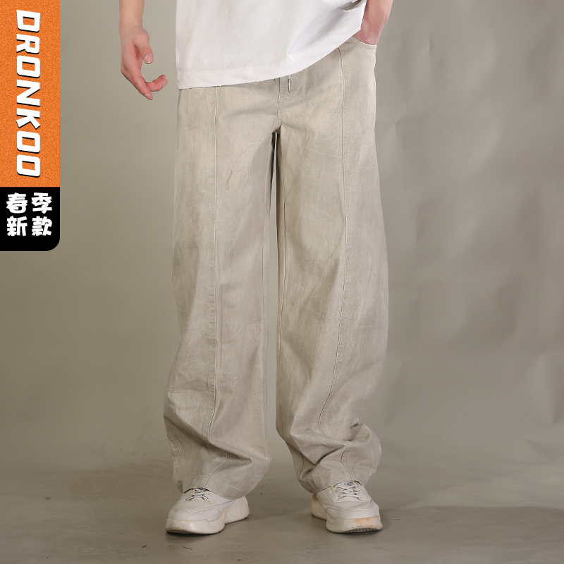 DRONKOO 2026 花色抽绳前中破骨满幅做旧斑驳中厚休闲长裤