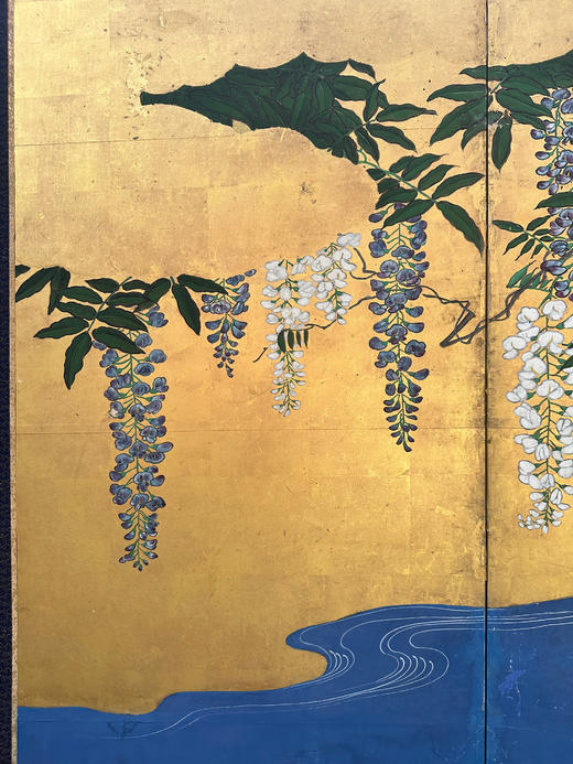 独角鹿西洋古董18世纪日本江户时代出品「金影藤辉」主题金地纸本设色六曲屏风 商品图5