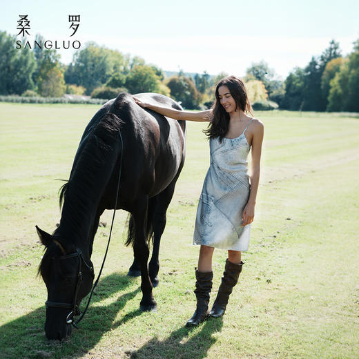 颠覆丹宁』桑罗免穿文胸吊带裙桑蚕丝复古牛仔印花女睡裙 商品图0