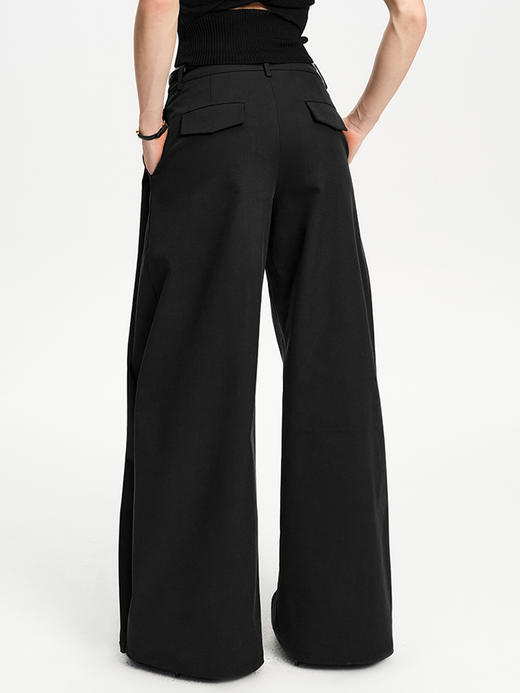 TR她热 绝对气场 黑色压褶分割按扣通勤百搭显瘦休闲西装阔腿长裤 商品图1