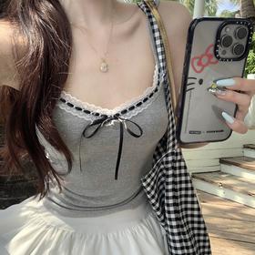 【夏季纯欲风❗️短款辣妹吊带】出街秒变“C位”，内搭外穿都绝美，绑带蝴蝶结荷叶边短款，露肚脐吊带背心上衣女L