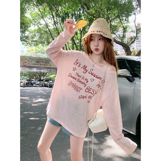 <曾小咸推荐>甜美风斜肩印花长袖t恤罩衫【预售3-15天发货】 商品图2