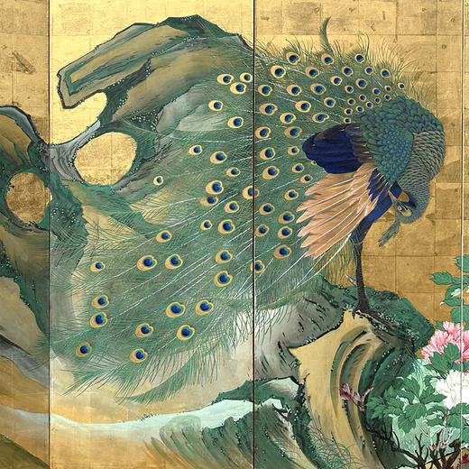 独角鹿西洋古董18世纪日本江户时代出品「雀羽呈祥」主题金地纸本设色六曲屏风 商品图3