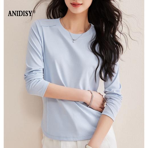 时尚圆领长袖鱼骨分割圆弧下摆T恤 商品图1