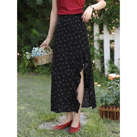 鹿向南「夜色蔷薇」黑色碎花半身裙女春气质开叉高腰显瘦A字长裙