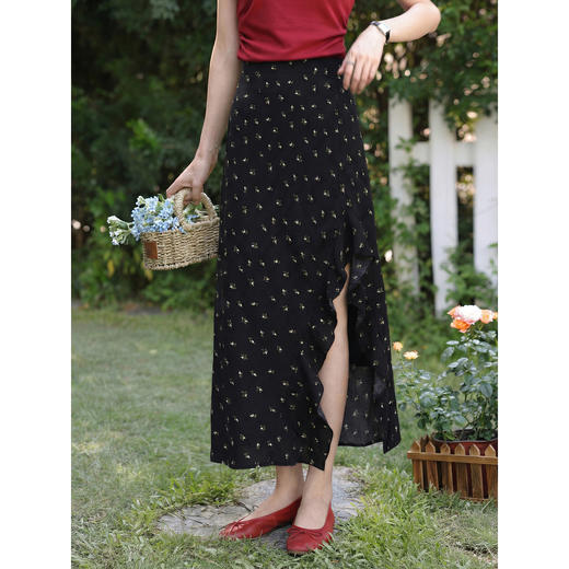 鹿向南「夜色蔷薇」黑色碎花半身裙女春气质开叉高腰显瘦A字长裙 商品图0