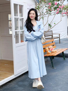 【百图lulu定制】【海盐两件套连衣裙】短款防晒外套  条纹 背带连衣裙 两件套