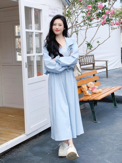 【百图lulu定制】【海盐两件套连衣裙】短款防晒外套  条纹 背带连衣裙 两件套 商品图0