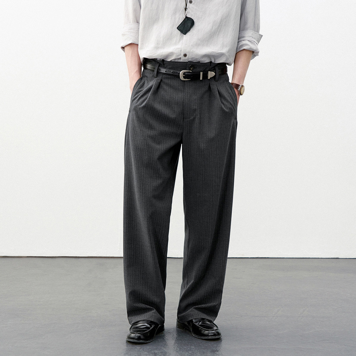 714street宽松双褶深灰条纹休闲西裤男2026春夏垂坠感老钱风裤子