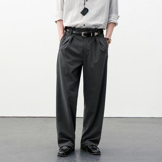 714street宽松双褶深灰条纹休闲西裤男2026春夏垂坠感老钱风裤子 商品图0