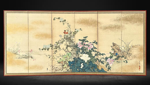 独角鹿西洋古董20世纪日本昭和时代艺术家签名出品「锦绣芳华」主题纸本设色六曲屏风 商品图1