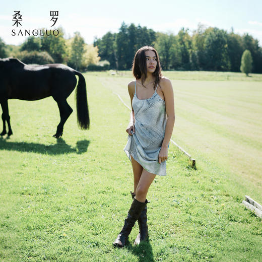 颠覆丹宁』桑罗免穿文胸吊带裙桑蚕丝复古牛仔印花女睡裙 商品图2