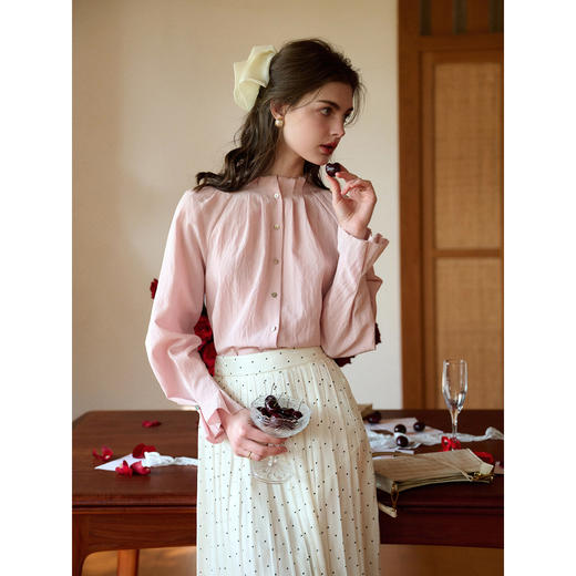 （小眠专属）SimpleRetro蔷薇梦境·法式天丝亚麻立领粉色衬衫 商品图3